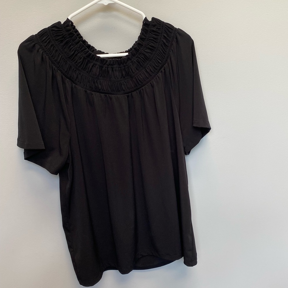 Ann Taylor XL black smocked neck blouse